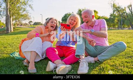 Cheerful senior friends enjoying smartphone content together in park Stock Photo