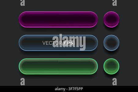 Glossy neon UI buttons and shapes set on dark background. Modern vibrant glass user interface elements with glowing effect. Vector illustration. Stock Vector