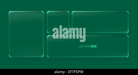 Modern green glass UI elements set. Glowing frame on a dark background for web or app design. Vector illustration. Stock Vector