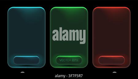 Glowing glassmorphism UI frames for modern design in blue, green, and red on a dark background. Vector illustration. Stock Vector