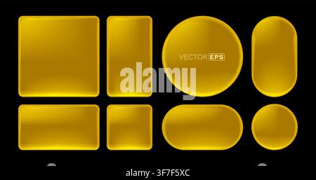 Set of shiny golden web buttons and frames with various shapes. These elegant blank design elements are isolated on black. Vector illustration Stock Vector
