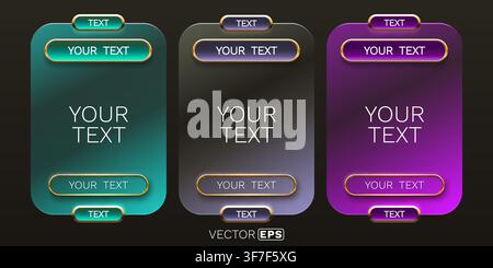 Set of three modern UI elements with golden borders and gradient colors. Design templates for web banners and buttons. Vector illustration. Stock Vector