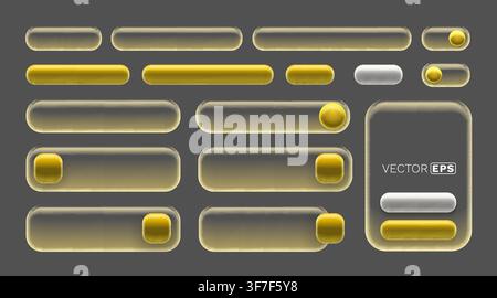 Glassmorphism UI elements set with transparent buttons, toggles, and inputs for modern web and app design. Vector illustration. Stock Vector
