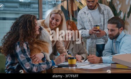Casual informal business team working happy in startup project hugging dog cuddling corgis animal pet discussing papers documents drinking coffee five Stock Photo