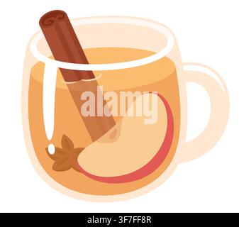 Apple cider, fruit punch or mulled wine drawing. Hot drink glass with spices. Isolated cartoon vector illustration. Stock Vector