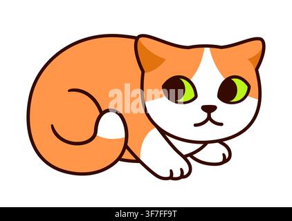 Cute cartoon orange-and-white cat curled up with anxious look and scared body language. Simple vector illustration. Stock Vector