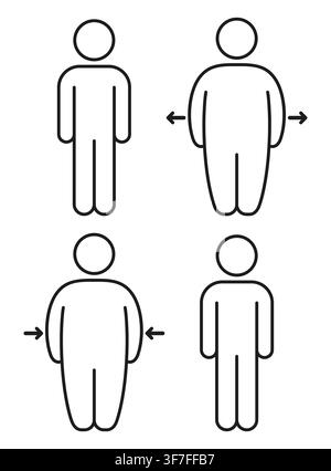 Obesity and healthy weight. Human silhouette with arrows showing weight gain and weight loss. Simple line icons, vector symbols. Stock Vector