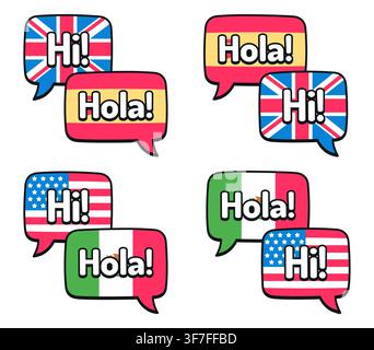Speech bubbles saying Hi in English and Spanish with American and European flags (UK and Spain, USA and Mexico). Comic style vector illustration set. Stock Vector