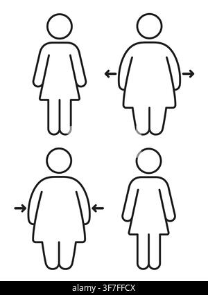 Female obesity and healthy weight. Woman silhouette with arrows showing weight gain and weight loss. Simple line icons, vector symbols. Stock Vector
