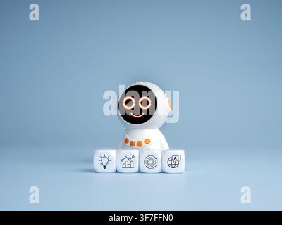 Friendly cute AI assistant robot with business automation icons. Chatbot, virtual assistant, AI agent, customer support, workflow automation, digital Stock Photo