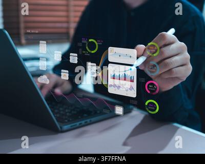 Business professional analyzing AI-powered data analytics with interactive dashboard, data visualization, business intelligence, machine learning, big Stock Photo