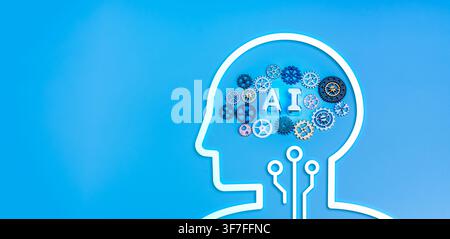 Artificial intelligence concept featuring digital brain with AI gears,. Human machine interface, neural network, intelligent systems, AI computing, in Stock Photo