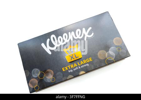 London. UK- August 07.2026. A flat lay of a box of Kleenex extra large tissues isolated on white. Stock Photo