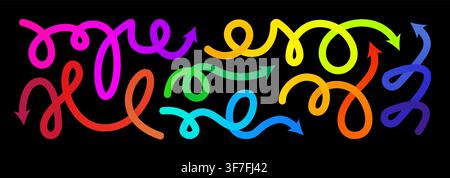 Arrow gradation, squiggly gradient vector line set. Curved carnival change icon. Rise pattern, doodle shape brush element. 3d dynamic multi colored Stock Vector