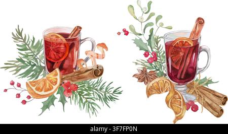 Watercolor Mulled Wine Christmas Set of Compositions with Cinnamon, Anise, Dried Oranges and Pine Isolated on White Background. Vector EPS. Stock Vector