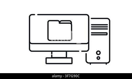 Desktop computer tower and monitor with file folder symbol on screen vector icon. Stock Vector