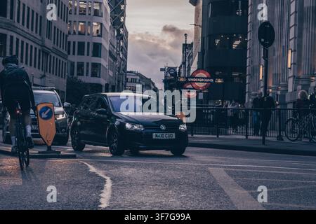 London Underground station signs and urban streetscape in central London, England, UK. Stock Photo