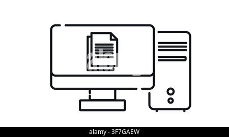 Desktop computer tower and monitor with text documents symbol on screen vector icon. Black line art style on white background. Office paperwork, digit Stock Vector