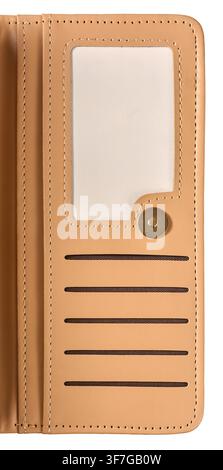open tan leather wallet isolated white background, empty credit card slots and clear id window in close-up view Stock Photo