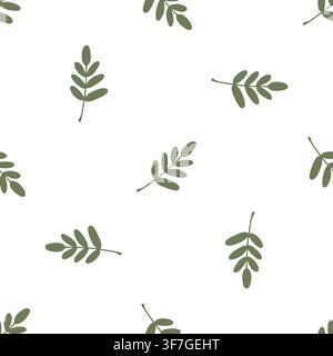 Vector seamless pattern with green leaf branches on white background. Minimalist autumn botanical print for back to school, packaging, and paper. Stock Vector