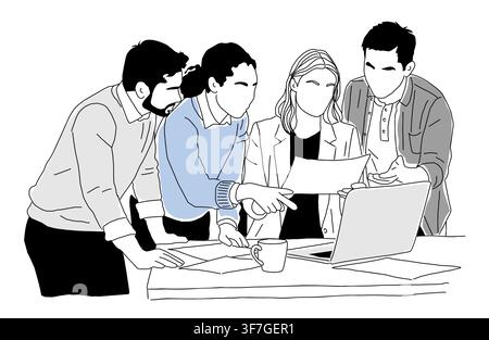 Group of business people gather around a desk Stock Vector