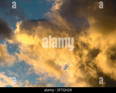 Towering golden clouds catch warm sunset light as dark storm masses gather around vivid patches of blue sky, turbulent atmosphere Stock Photo