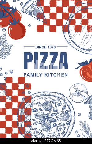 Modern vector sketch art collage illustration of Italian pizza, tomatoes and checkered pattern. Hand drawn traditional cuisine poster. Design for pizz Stock Vector