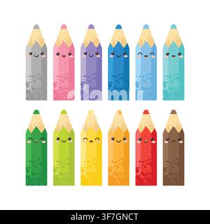 Cute Kawaii colorful pencils. Vector illustrations in flat style Stock Vector