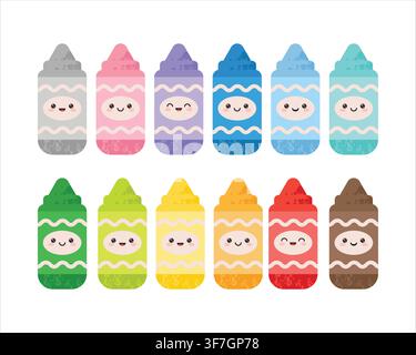 Cute Kawaii colorful crayons. Vector illustrations in flat style. Stock Vector