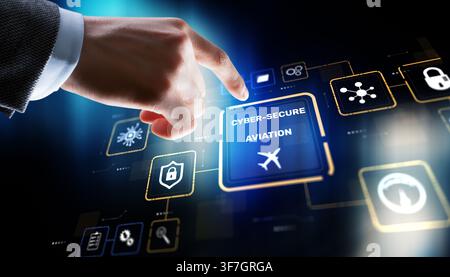 Cyber-secure aviation system for airline industry risk management with interactive digital security icons Stock Photo