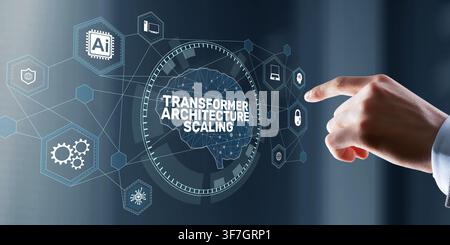 AI artificial intelligence transformer architecture scaling system for technology development with security and hand interaction Stock Photo