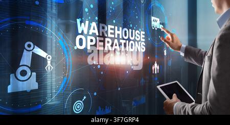 Warehouse operations management system for logistics and supply chain efficiency with automation and digital interaction Stock Photo