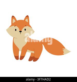 Cute red fox vector illustration. Standing forest fox character with fluffy tail isolated on white background. Sweet woodland animal clip art element for nursery decor, stickers Stock Vector