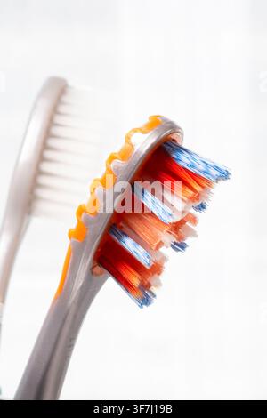 Close-up of toothbrushs with multicolored bristles, 2026, United States Stock Photo