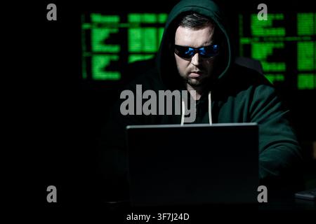 Developer works on secure software. Developer writes protection code system. Developer analyzes network vulnerabilities. Developer prevents cyber Stock Photo