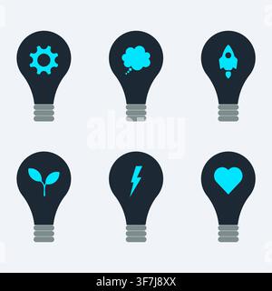 Futuristic neon light bulb icon set. Vector flat digital technology and innovation symbols Stock Vector