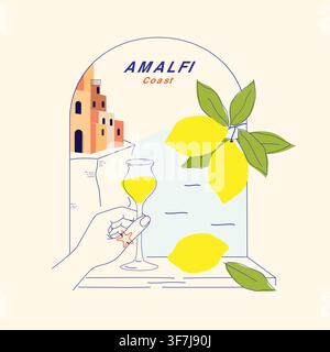 Hand drawn vector art of limoncello and lemons twig against a seaside village backdrop Amalfi Coast. Vector illustration for travel posters, tourism advertising, beverage packaging and Italian decor. Stock Vector