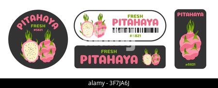 Trendy pitahaya fruit barcode label set. Badges with organic tropical Dragon fruit quality tag for supermarket, farm shop and grocery store packaging. Cartoon flat sticker design. Vector illustration Stock Vector