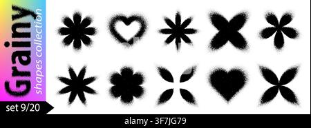 Gradient shape flower with grainy sun noise and heart dot spray. Abstract pattern of petal with grainy wave effect, black sand burst. Stenciled Stock Vector