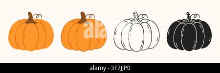 Set of cute pumpkins in flat, outline, colored, and silhouette vector styles for autumn designs. Vector illustration Stock Vector