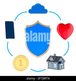 Blue shield with phone, cloud, heart, coin and house icons. Comprehensive protection for data, health, finances and property, 3d rendering isolated on Stock Photo