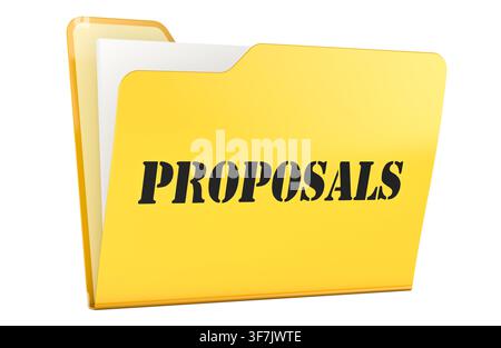 Proposals, yellow document folder with papers. 3D rendering isolated on white background Stock Photo