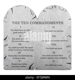 Ten Commandments stone tablets with biblical law. 3D rendering isolated on white background Stock Photo