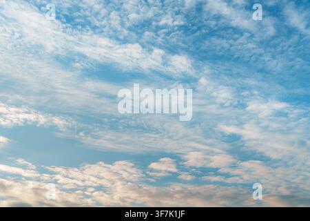 Wide view of scattered and textured white clouds stretching across a clear blue atmosphere, ideal for natural backgrounds and weather themes. Stock Photo