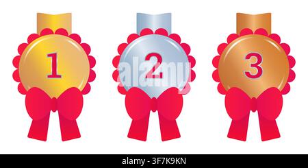 Gold, silver and bronze medal set with red bows, gradient vector shiny reward templates with red ribbons and lace rim. Winners 1, 2 and 3 places. Awar Stock Vector
