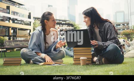 Diverse classmates collaborating on laptop while seated on campus lawn, discussing coursework and taking notes for exam preparation. Peer tutoring and group study. Stock Photo
