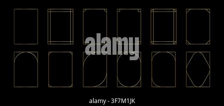 Set of simple golden frames isolated on black background. Elegant gold geometric templates in art deco or bohemian style for greeting or invitation cards or party banners. Vector illustration. Stock Vector