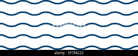 Repeated horizontal blue wavy lines isolated on white background. Rippled ornament. River, sea or ocean water texture. Simple summer print. Vector flat illustration. Stock Vector