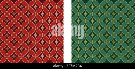 Bohemian Christmas pattern with repeated overlapped red and green circles and twinkle shapes. Classic geometric print. Elegant minimalistic wallpaper. Winter abstract ornament. Vector illustration. Stock Vector