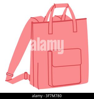 Convertible backpack silhouette tote bag with pocket. Fashion accessory technical illustration. Vector schoolbag front 3-4 view for Men, women, unisex style, flat handbag CAD mockup outline isolated Stock Vector